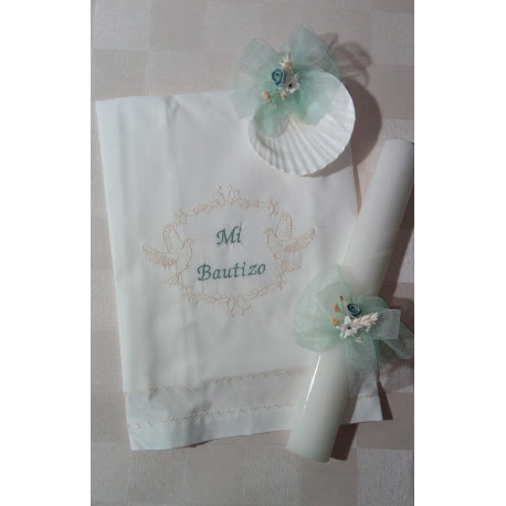 Conj. pañuelo+vela+concha bautismal