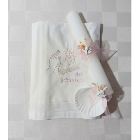 Conj. pañuelo+vela+concha bautismal